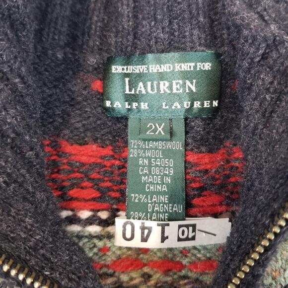 Lauren Ralph Lauren Sweater Mens 2X Fair Isle Quarter Zip Lambswool Hand Knit - Picture 3 of 7